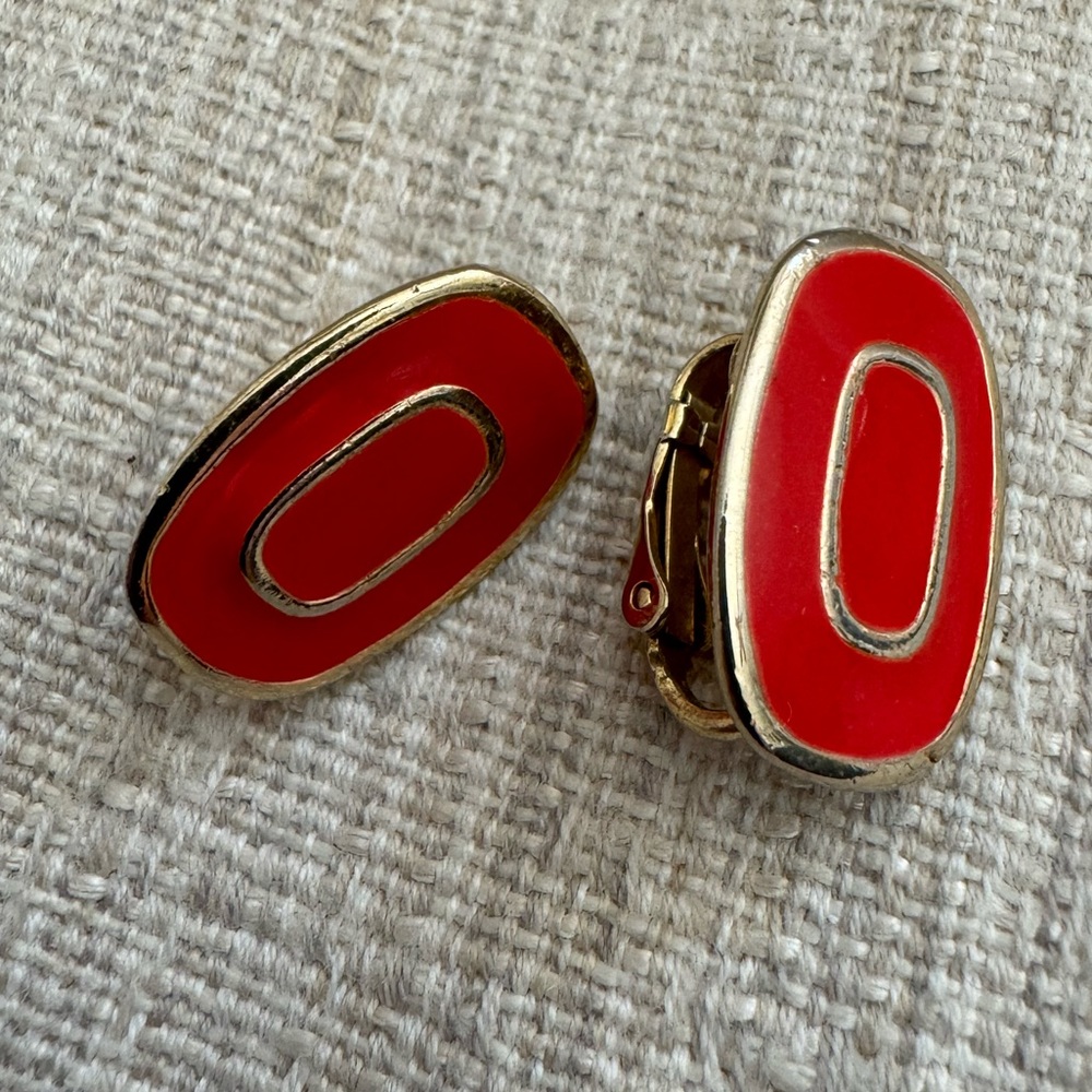 Vintage Red Enamel Clip on Earrings Red Silver Women’s